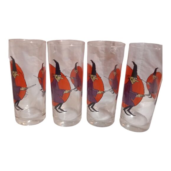 4 Vtg Halloween Highball Glasses~ Moon ~ Drinking Glasses~ Witch Riding Broom - Picture 8 of 10